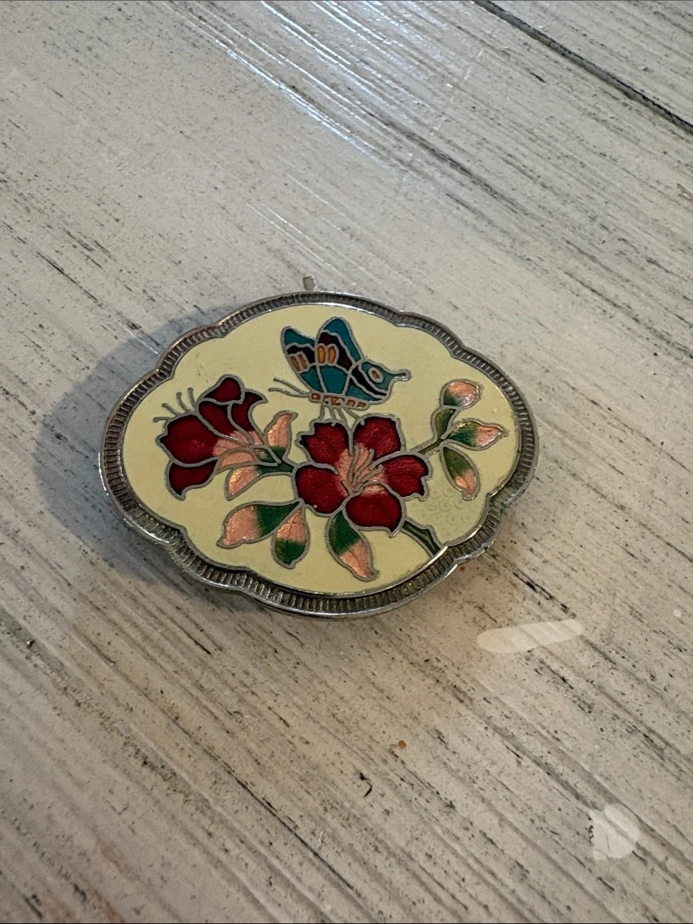 Vintage Enamel Cloisonné Brooch or Scarf Slider with Flowers and Butterfly